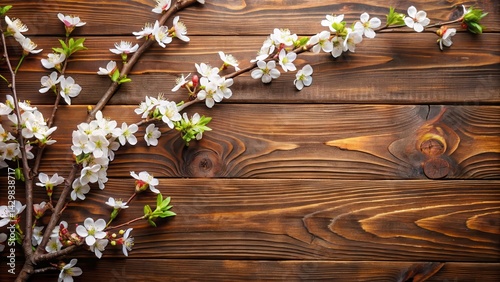 Obraz na płótnie Branches of a flowering cherry on a brown table,, brown wood, spring decor, brown wood w salonie