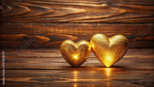 Obraz na płótnie Two glowing golden hearts sitting side by side on a warm brown wooden background, symbolizing the deep connection and affection between two entities , caring, partnership w salonie