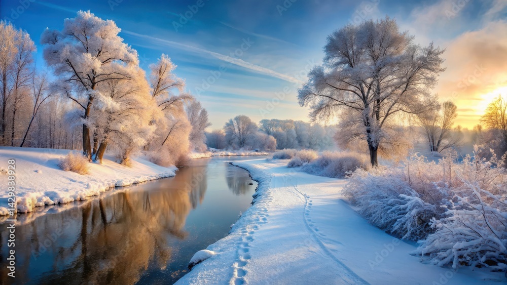 Winter Landscape with Snow-Covered Path and Frozen River, Frosty Morn, winter scenery