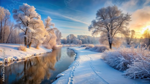 Obraz na płótnie Winter Landscape with Snow-Covered Path and Frozen River, Frosty Morn, winter scenery w salonie