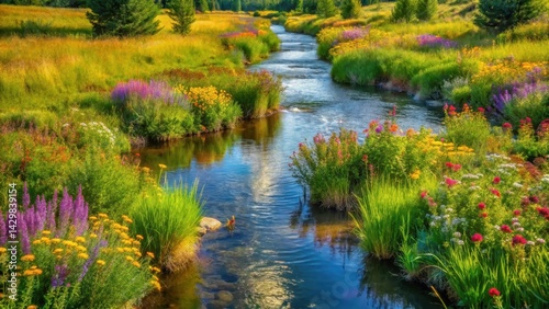 A meandering brook lined with wildflowers and tall grasses, reflecting the vibrant colors of the surrounding foliage and creating a sense of movement and energy , landscapes, crystal clear streams