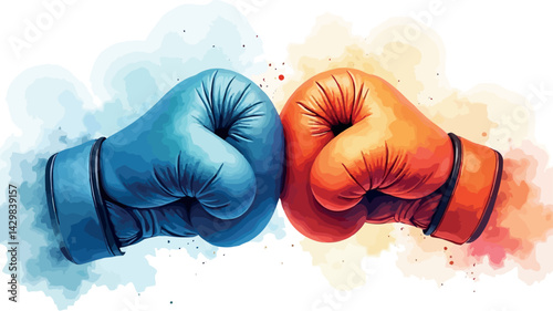  a dynamic illustration of two boxing gloves, one blue and one orange, meeting in the center in a clash or fist bump.