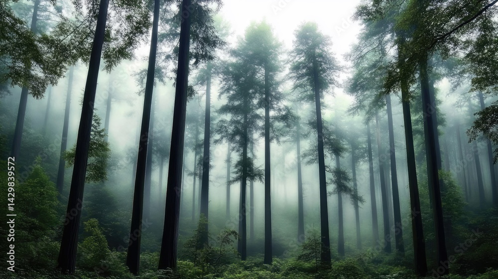 Obraz premium Serene misty forest with tall, towering trees enveloped in soft fog. A tranquil woodland atmosphere, perfect for nature exploration themes. Ethereal and peaceful scenery, ideal for use as a background