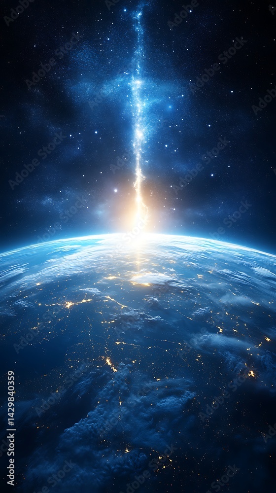 Fototapeta premium Earth impacted by celestial event, vibrant space explosion, seen from space, suitable for science fiction, posters, or educational materials