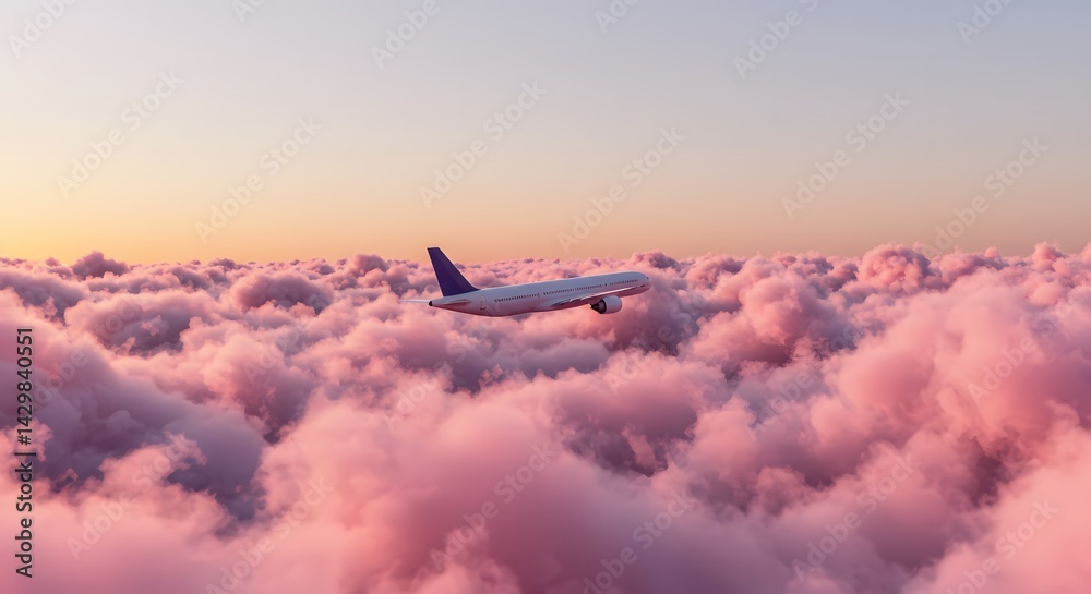 Airplane flying, 3d illustration. fluffy pink clouds, Airplane soaring above the clouds during a colorful sunset near a serene horizon,Sunset sky,