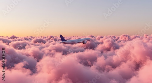 Obraz na płótnie Airplane flying, 3d illustration. fluffy pink clouds, Airplane soaring above the clouds during a colorful sunset near a serene horizon,Sunset sky,
w salonie