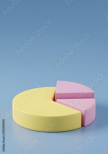 yellow pink purple sections, minimalist design, circular base,  3D Colorful pie chart model illustrating data representation on a pastel background. Pastel pie chart