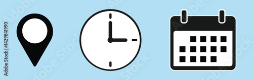 Time, date and address vector collection. Time, date and location icon. Calendar, clock, location. Editable vector. Filled vector