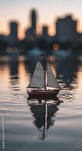 3d illustration. Miniature sailboat, Small sailboat drifting on calm water at sunrise near city skyline showcasing serene morning atmosphere, calm water reflection, blurred city skyline background