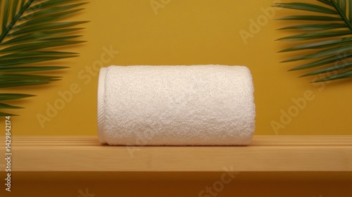 A rolled white towel rests on a wooden shelf, flanked by green palm leaves against a vibrant yellow backdrop.