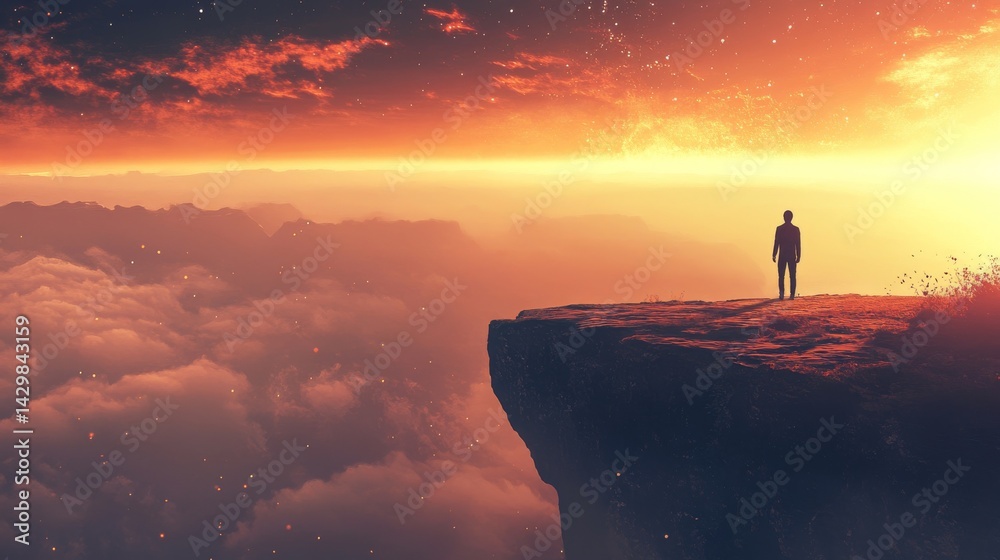 Fototapeta premium A man stands on the edge of a cliff, looking out over a sea of clouds as the sun sets.