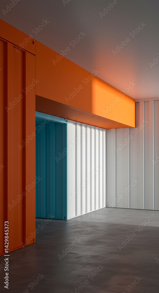 Minimalist architectural, Minimalist architectural detail, color-blocked sliding doors, Minimal shipping container, orange white and blue panels, geometric composition, 3d illustration
