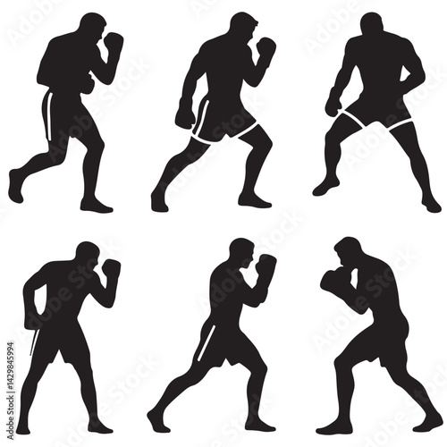 set of black boxer, kickboxing kick boxer boxing men, boxer throwing a punch silhouettes