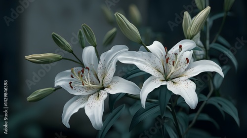 Blooming White Lily Flowers with Buds and Green Leaves Against Dark Background