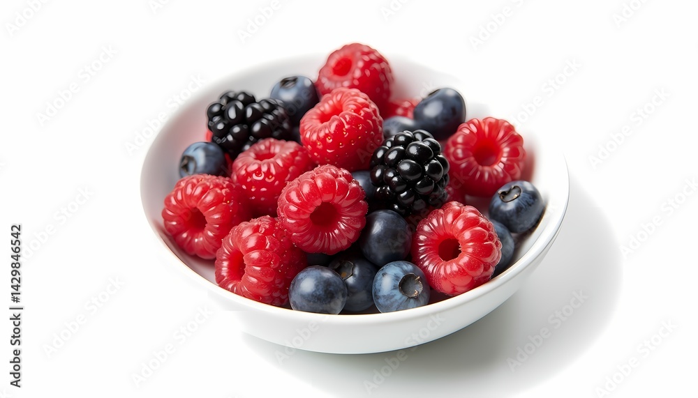 A bowl of fresh mixed berries, arranged neatly on a white background, with vivid colors and crisp textures, high detail for food ads. A bowl of fresh mixed berries, arranged neatly on a white background, with vivid colors and crisp textures, high detail for food ads.
