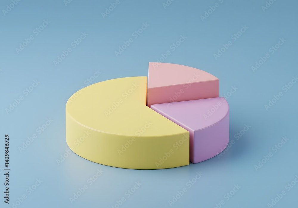 Pastel pie chart, 3D Colorful pie chart model illustrating data representation on a pastel background. yellow pink purple sections, minimalist design, circular base