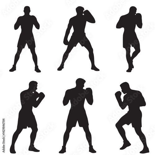 set of black boxer, kickboxing kick boxer boxing men, boxer throwing a punch silhouettes