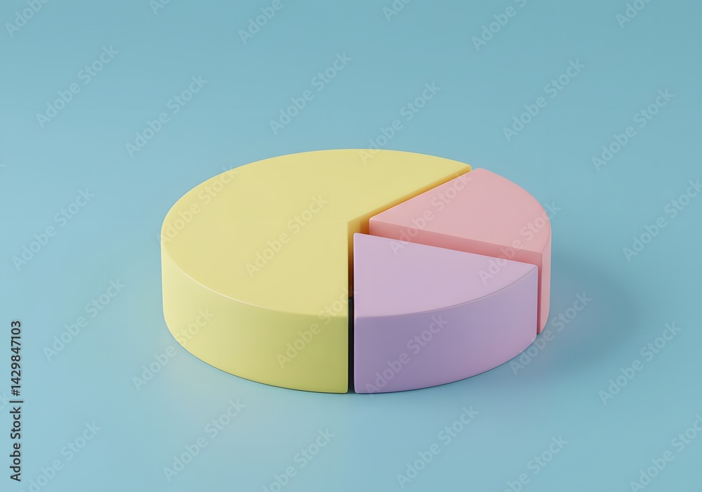 Pastel pie chart, 3D Colorful pie chart model illustrating data representation on a pastel background. yellow pink purple sections, minimalist design, circular base