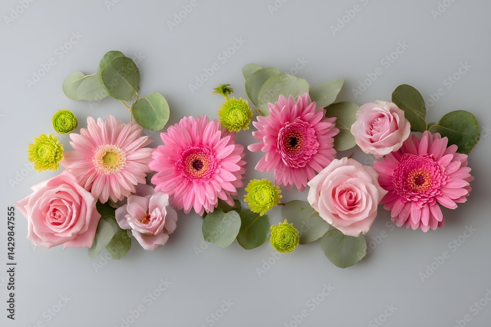 Obraz premium Pink Gerbera Daisies, Roses, Green Button Flowers, Eucalyptus on Grey Background