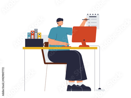 Man employee doing work in office. Busy People illustration. Flat vector illustration concept.
