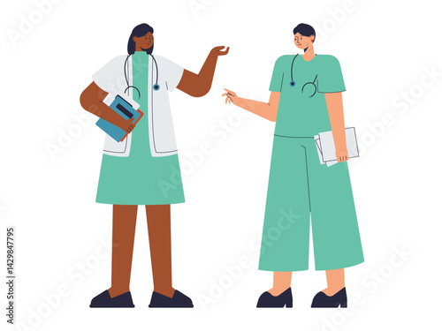 Doctor talking to nurse. Busy People illustration. Flat vector illustration concept.