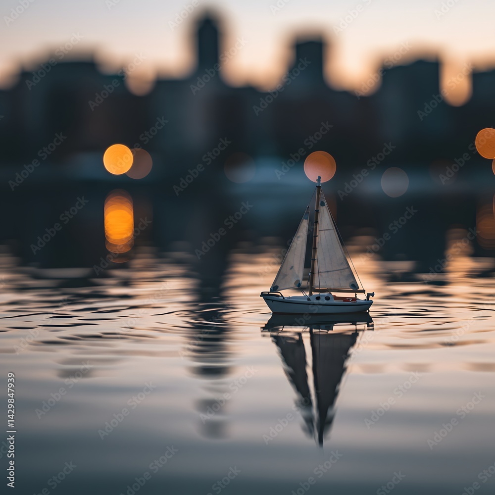 3d illustration. calm water reflection, Miniature sailboat, Small sailboat drifting on calm water at sunrise near city skyline showcasing serene morning atmosphere, blurred city skyline background