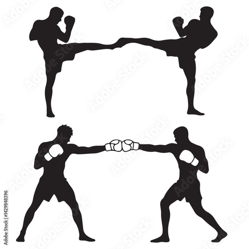 set of black boxer, kickboxing kick boxer boxing men, boxer throwing a punch silhouettes