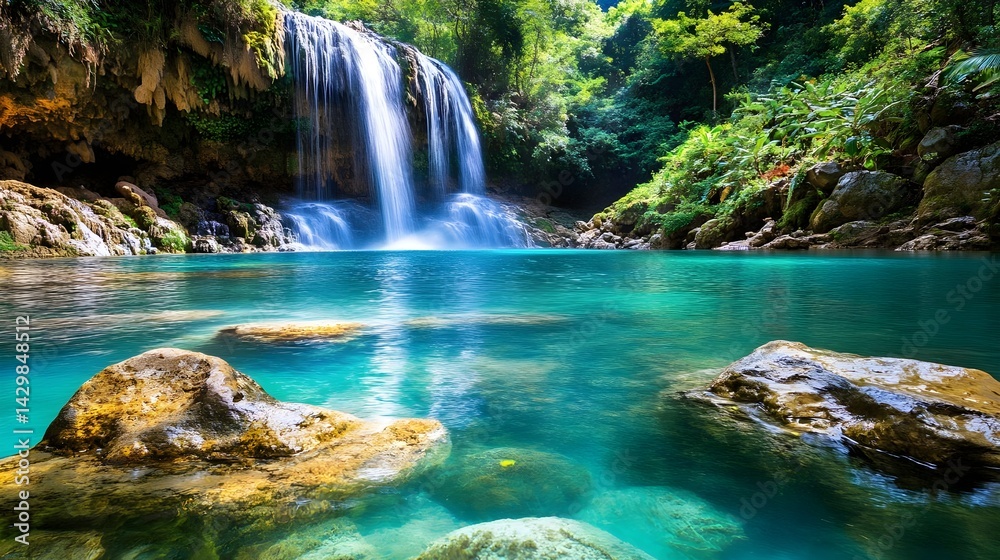 Naklejka premium Serene Waterfall in Lush Tropical Paradise - Tranquility