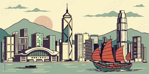 Hong Kong silhouette skyline vector including Victoria Peak, IFC Tower, Bank of China Tower, and traditional junk boats.