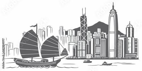 Hong Kong silhouette skyline vector including Victoria Peak, IFC Tower, Bank of China Tower, and traditional junk boats.