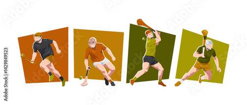 Male hurling athlete characters. Different action, pose. Cartoon flat vector illustration.