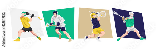 Male lacrosse athlete characters. Different action, pose. Cartoon flat vector illustration.
