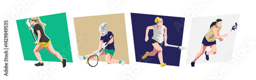 Female lacrosse athlete characters. Different action, pose. Cartoon flat vector illustration.
