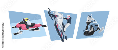 Female snowmobile rider characters. Winter sport, racing, vehicle. Flat vector illustration.
