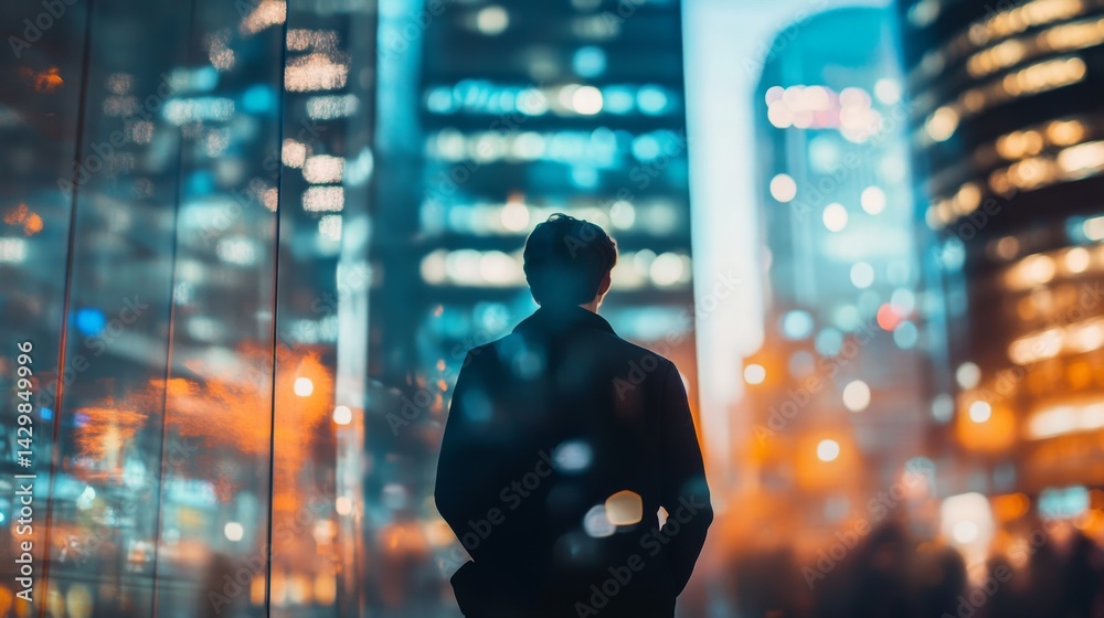 Silhouette of a man gazing at the cityscape at night. Silhouette of a man gazing at the cityscape at night.