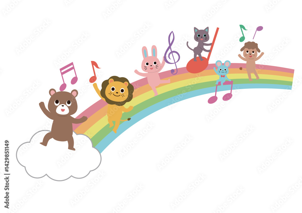 虹の上で音符と遊ぶかわいい動物たち 虹の上で音符と遊ぶかわいい動物たち