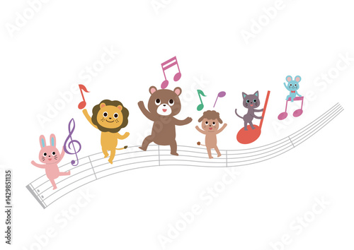 五線譜の上で音符と遊ぶかわいい動物たち