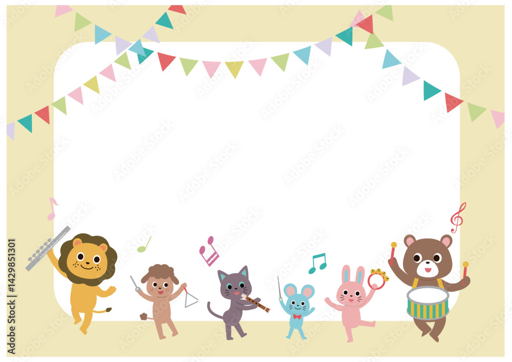 Naklejka premium 動物たちの音楽会とガーランドのフレーム 横