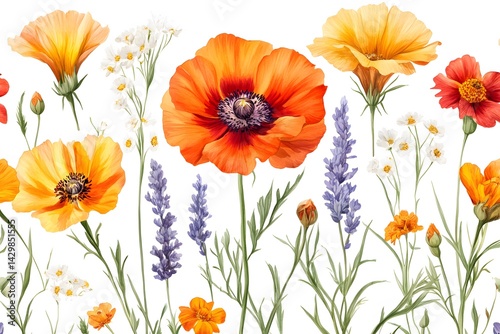 Vibrant Watercolor Wildflowers Botanical Floral Meadow