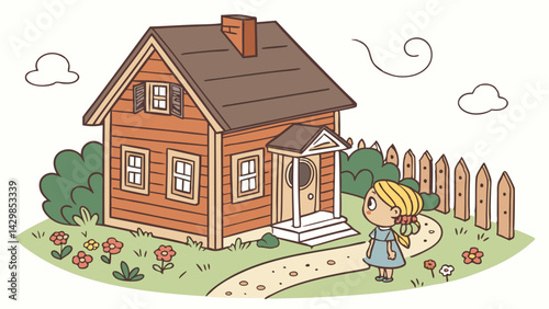 fairy tale princess in orange dreamy love , abstract house in white background vector illustration.