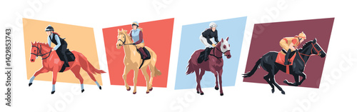 Female athlete character horse racing. Equestrian sport, race. Flat vector illustration.