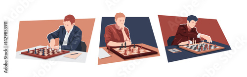 Male chess player character set. Game, competition, strategy concept. Flat vector illustration.