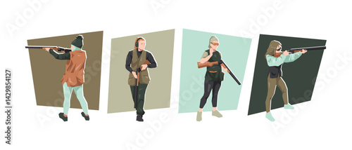 Shotgun shooting female athlete character set. Skeet shooting, clay target, hunting. Flat vector illustration.