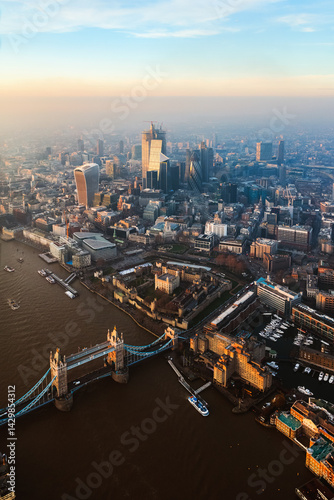 Aerial view of the skyline of London at sunset, England, United Kingdom
