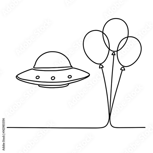 UFO flying near balloons in whimsical line art