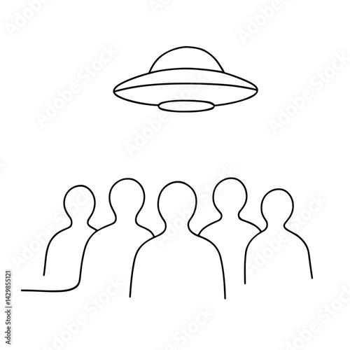 Group of people watching UFO in line drawing