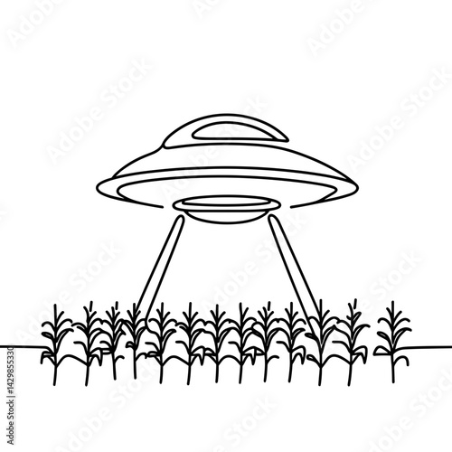 UFO hovering above cornfield in line art scene