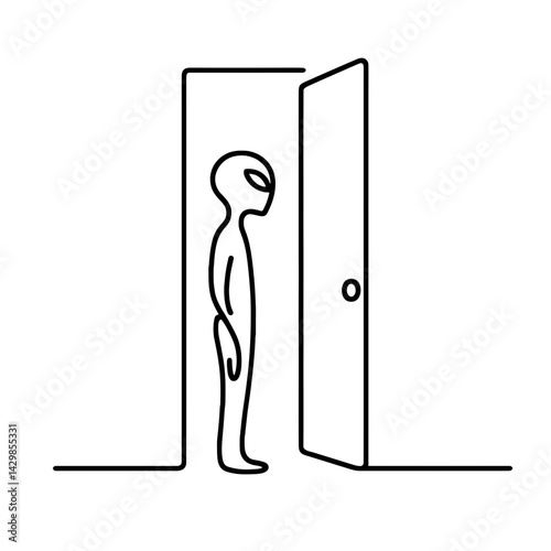 Alien standing in doorway in minimalist line art