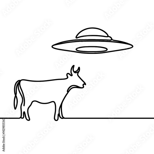 UFO hovering over cow in minimalist line drawing