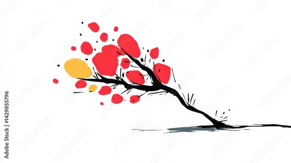 Abstract Red Yellow Tree Branch Minimalist Ink Painting Artistic Nature Design Abstract Red Yellow Tree Branch Minimalist Ink Painting Artistic Nature Design